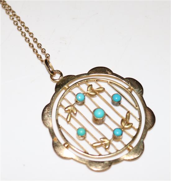 Edwardian gold and turquoise pierced circle pendant on chain